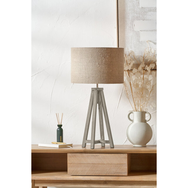 Whitby Natural Wood Tapered 4 Post Table Lamp Base with Lino 35cm White Self Lined Linen Cylinder Lampshade