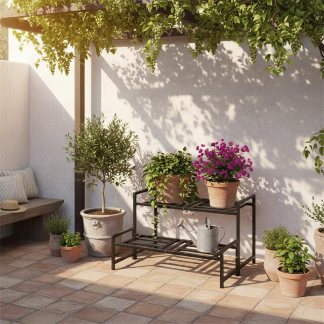 Stylish 2-Tier Wrought Iron Plant Stand for Indoor & Outdoor Display