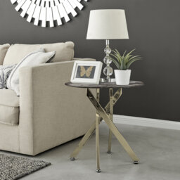 Cesarino Marble Effect Round Sofa Side Table - Glass Topped Metal Leg Small Table