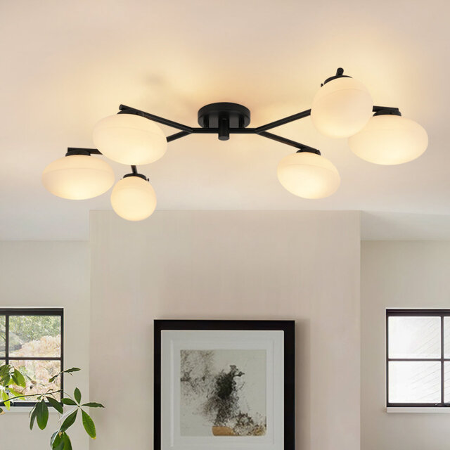Modern 6-Light Branch Milky Glass Bubble Semi Flush Ceiling Light