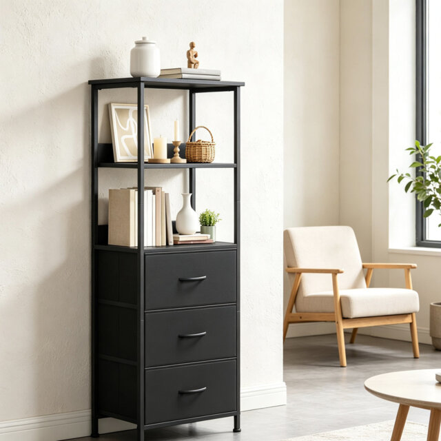Black 5-Tier Bookcase with 3 Fabric Drawers, Freestanding Storage Shelf