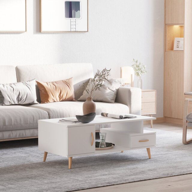 Modern Minimalist Coffee Table With Storage, Sofa Side Table With Shelf & Drawer For Living Room Reception Room, White