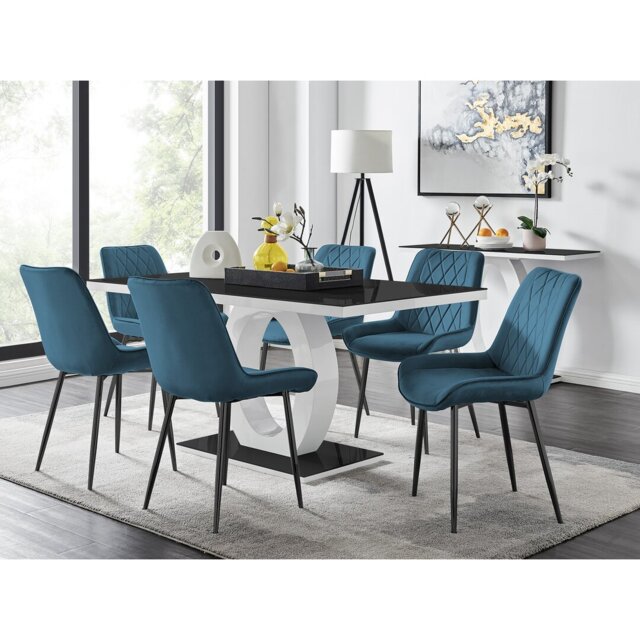 Scottsmoor Modern High Gloss & Glass Dining Set - 6 Luxury Velvet Mid-Century Upholstered Chairs