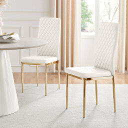 Eubanks Faux Leather Modern Tall Back Dining Chairs with Metal Legs & Diamond Stitching
