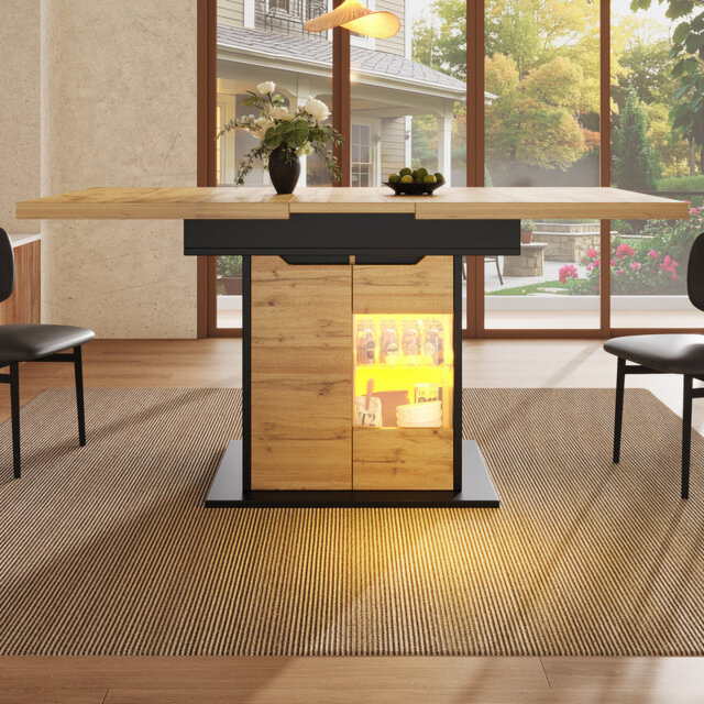 Telescopic Dining Table with LED Lighting & Snack Shelf, Foldable Kitchen Table for 4-6 People, Space-Saving with Cabinet Doors