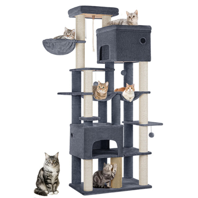 185 cm Large Cat Tree, XL Heavy Tall Cat Tower for Maine Coon, Multi-level Cats Climbing Tower with 2 Condos and 10 Sisal, 2 Hammocks