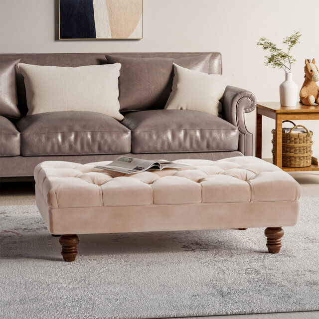 Forestburgh 90Cm Wide Velvet Tufted Rectangle Footstool Ottoman with Gourd-shaped Legs