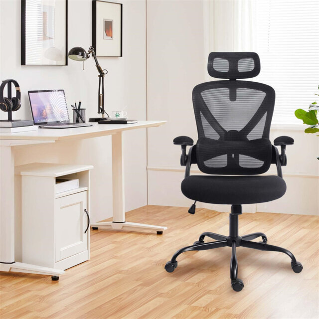 Thick-Padded Flip-Up Armrests Chairs, Desk Chair With Adjustable Lumbar Support For Office, Gaming, Study