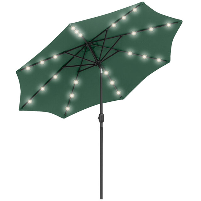 2.7m Patio Garden Parasol With 24 Led Lights, Crank & Push Button Tilt, 8 Ribs, Uv Anti-fade Pe Fabric, Metal Frame Outdoor Sun Umbrella, Green