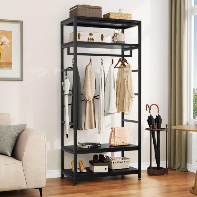 Coat Rack, Tall Hall Tree, Industrial Coat Rack Stand With With 4 Shelves, Floorstanding Clothes Rail With Shoe Storage, Garment Rack For Hallway, Liv