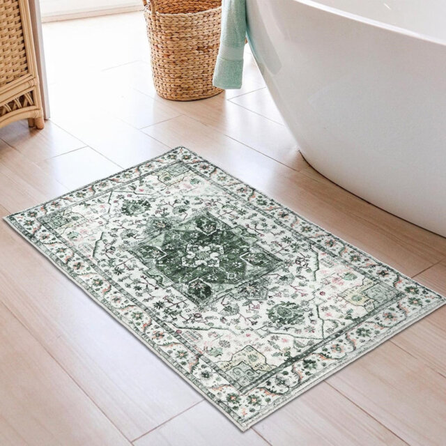 60 x 90 cm Green Non-Slip Indoor Doormat, Low Pile Vintage Washable Area Rugs for Kitchen Bathroom Mat