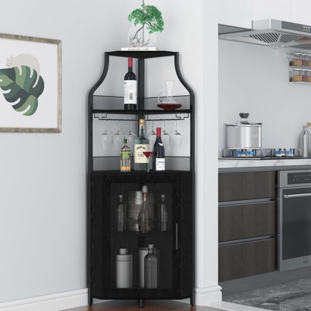 Corner Bar Cabinet with LED Lights & Removable Wine Rack – 5-Tier Liquor Cabinet with Adjustable Shelves, Glass Holder & Mesh Barn Door – Retro Sidebo
