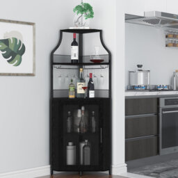 Corner Bar Cabinet with LED Lights & Removable Wine Rack – 5-Tier Liquor Cabinet with Adjustable Shelves, Glass Holder & Mesh Barn Door – Retro Sidebo