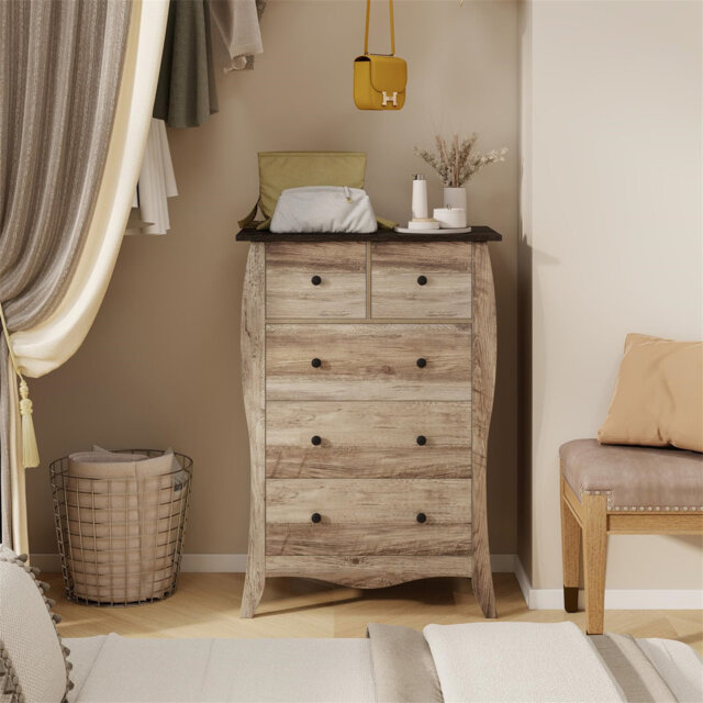 Chest Of Drawers, 5 Drawer Dresser Storage Cabinet With Folding Fabric Drawers, Wood Frame Nightstand Organizer