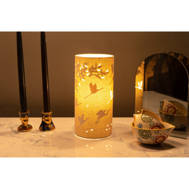Cranes and Bamboo Fabric Table Lamp - Asian Botanical Print Shade for Zen Bedroom Décor