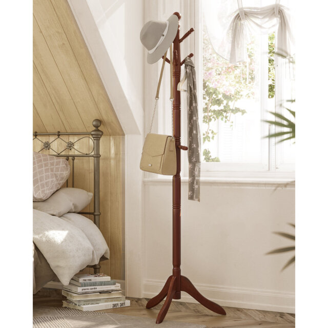 Coat Rack Stand, Coat Tree With 10 Hooks For Hats, Bags, Purses, Free Standing For Hallway, Rubberwood, Caramel Brown