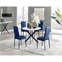 Tierra Modern Chrome Metal & Glass Round Dining Table Set with 4 Quilted Velvet Chairs