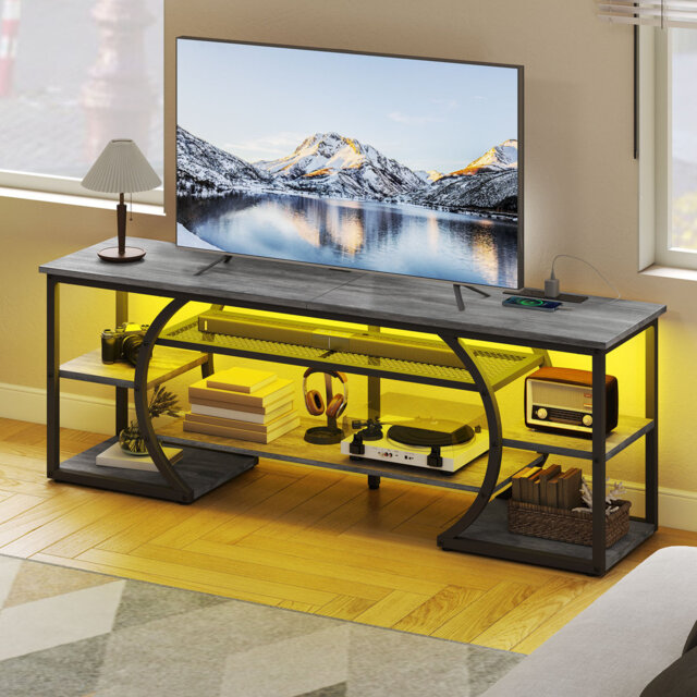 160Cm TV Stand Cabinet With 2 AC & 2 USB Socket For Tvs Up To 70 Inch With 7 RGB LED 22 Modes Lights Grey