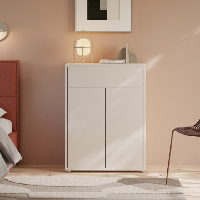 Modern minimalistic shoe cabinet with 2 doors and 1 drawer, engineered wood, beige, 74.5 cm W x 99.1 cm H x  34.9 cm D