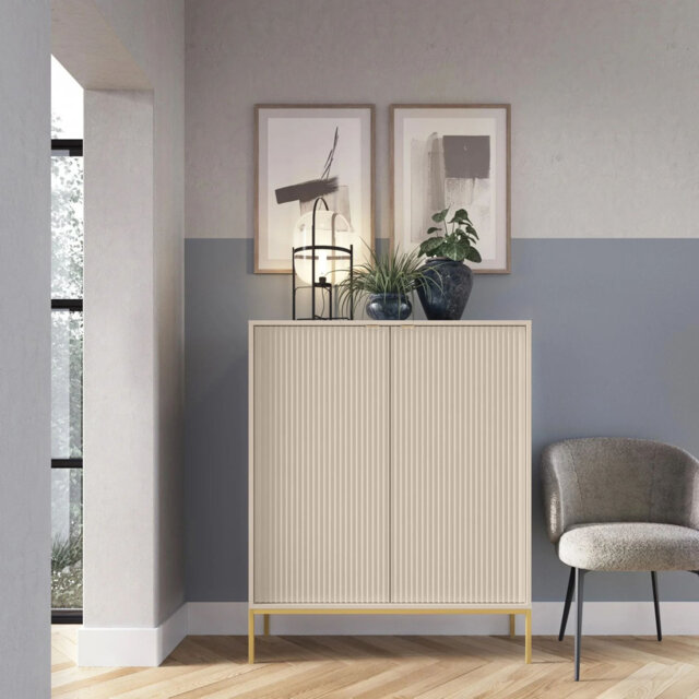 Boros High Chest of Drawers Beige with Grooved Fronts and Gold Frame
