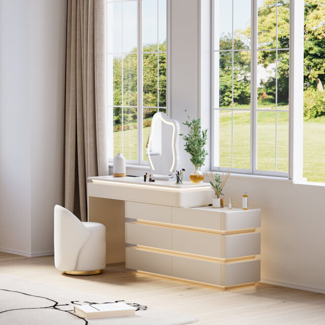 Retractable Lumio 1200 Mm Smart Dressing Table With LED Mirror, Dimmable Lights & Integrated Charging Station