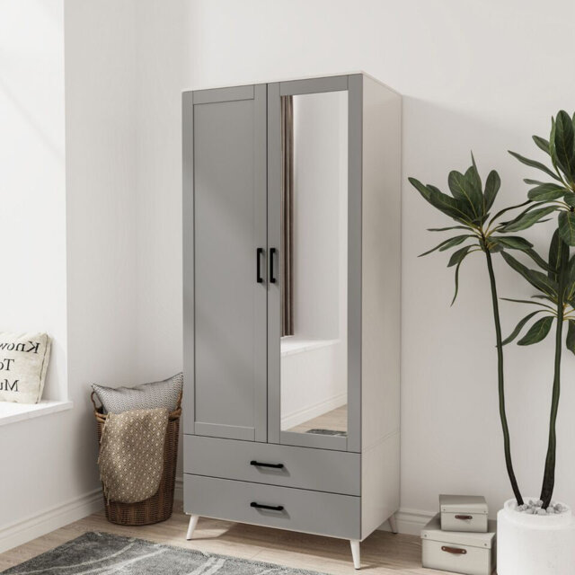 Mirror Wardrobe 2 Door 2 Drawer Bedroom Clothes Storage Hanging Rail 180cm