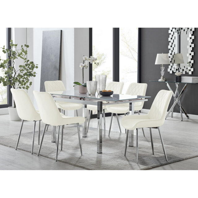 Tierra Modern Glass & Metal Extendable Dining Table Set & 4 Luxury Upholstered Velvet Dining Chairs