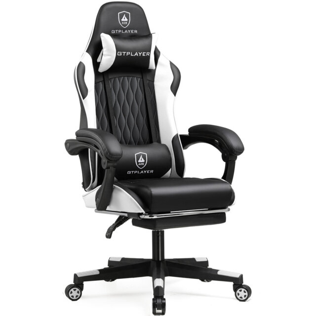 Gaming Chair Spring Cushion, Cow-Spotted Design, Height Adjustable,Headrest,Footrest&Lumbar Support