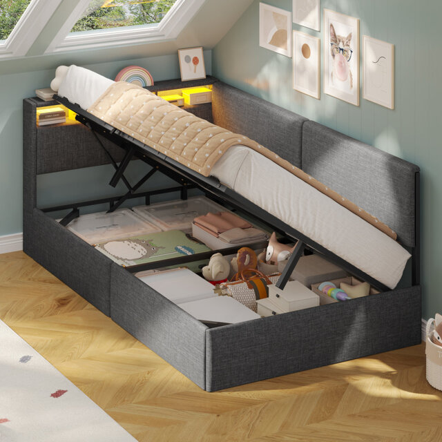 Upholstered Daybed with Charging Station & Hydraulic Storage, Corner Bed with LED Headboard