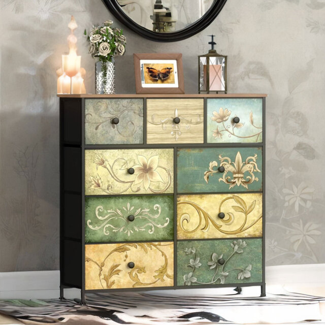 9 Fabric Drawer Bedroom Dresser With Floral Patterns Storage Organiser