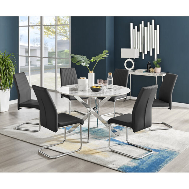 Tierra Modern Chrome Metal & Glass Round Dining Table Set with 6 Upholstered Faux Leather Chairs
