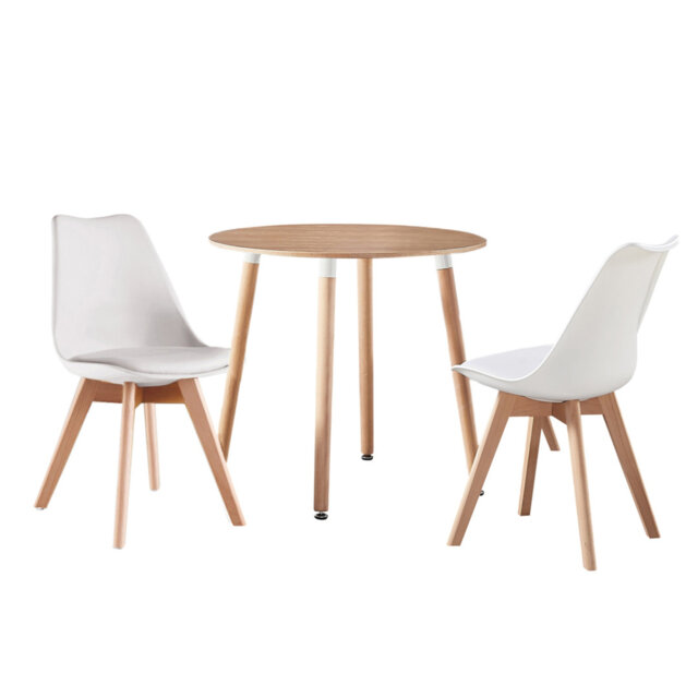 Todmorden 2 Person Dining set - a Round Plastic Dining Table with Wooden Legs and a Set of 2 Faux Leather Cushion Padded Dining Chairs for Dining Room