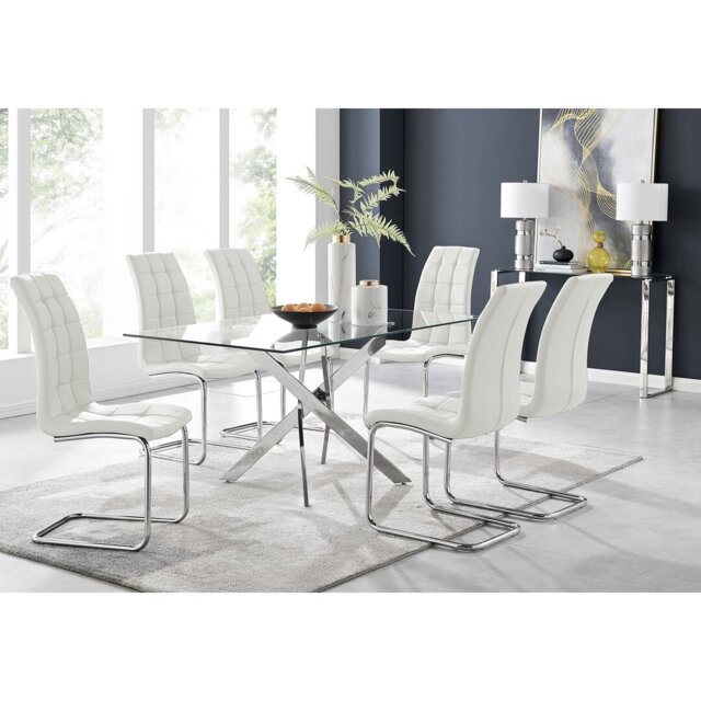 Lenworth Chrome and Glass Rectangular Dining Table Set with 6 Modern Faux Leather Chairs