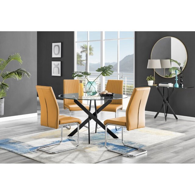 Novara Black Leg Round Glass Dining Table & 4 Mustard Lorenzo Chairs