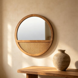 Alpers 60x60CM Boho Rattan Design Wall Mirror Wood Framed Round Flat Accent Mirror