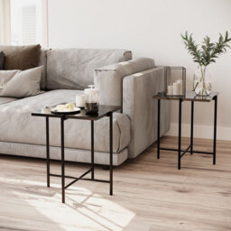 Set of 2 Pcs Marble Effect Tops Round Side End Coffee Table Metal Frame