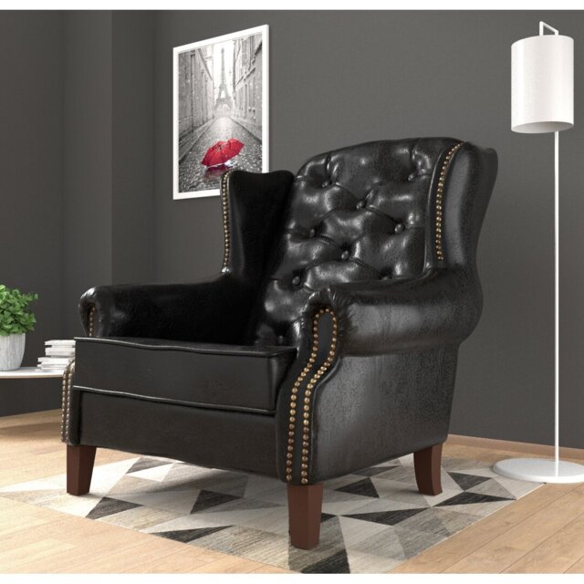 Chesterfield Wingback Armchair with Quilting And Wooden Legs Made of Vegan Leather