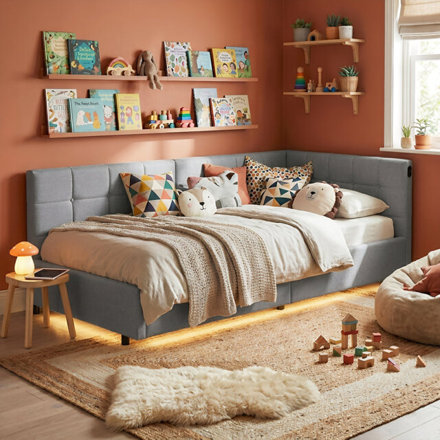 EU & UK Single Ottoman Daybed, Velvet Upholstered Sofa Bed with RGB LED Lights & USB/Type-C Charging, Grey/Cream
