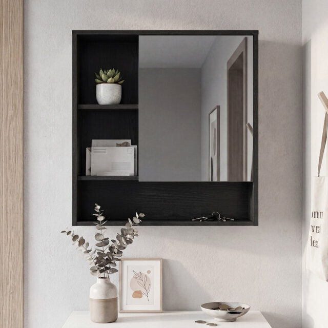 Bathroom Wall Mirror Cabinet Space-saving Wall Mounted Wooden Storage Cabinet w/ 3 Open Shelves