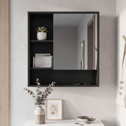 Bathroom Wall Mirror Cabinet Space-saving Wall Mounted Wooden Storage Cabinet w/ 3 Open Shelves