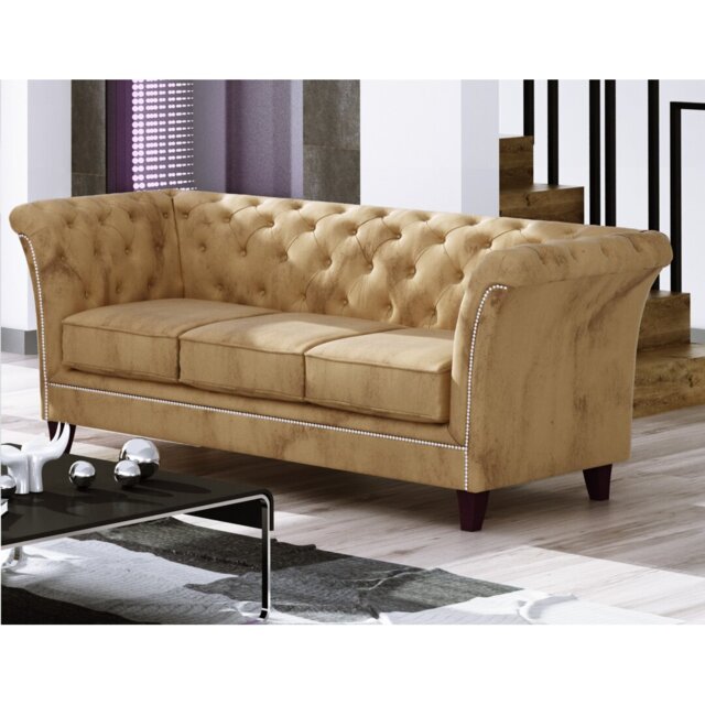 Chesterfield Sofa 3 Seater Made of Velvet Fabric with Solid Wood Legs