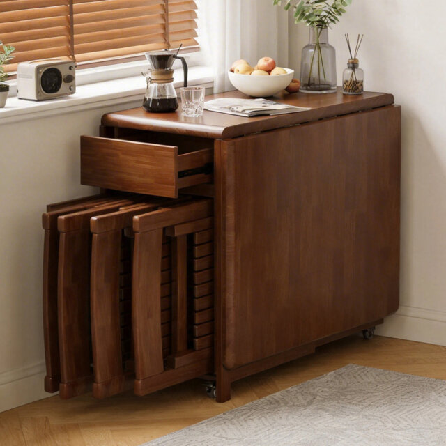 Mid-Century Solid Wood Folding Dining Set, Walnut Table With 4 Self-Storing Chairs, Casters And 2 Drawers