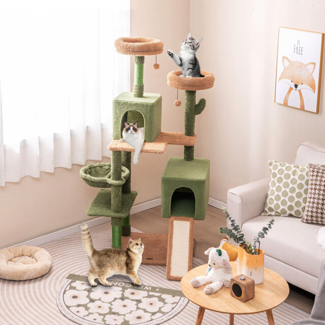160 cm Tall Modern Cat Tree Green Cactus Cat Tower w/Hammock