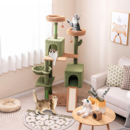 160 cm Tall Modern Cat Tree Green Cactus Cat Tower w/Hammock