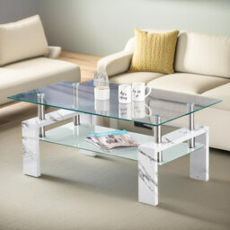 2 Tier Glass Table with Storage Shelf, Living Room Furniture