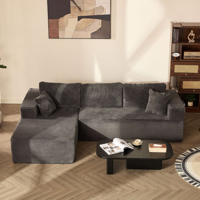272cm Left Chaise Modular Sectional Sofa Bed, Corduroy, Black