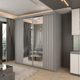 Modern Double Sliding Door Wardrobe in /Grey/Oak/White