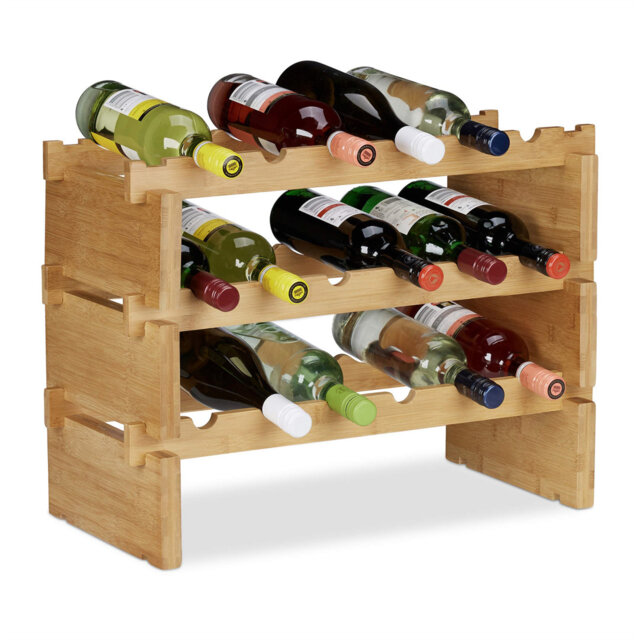 Natural stackable wine rack, bamboo bottle holder for 18 bottles of wine, extendable wine rack with 3 levels, 3 shelves