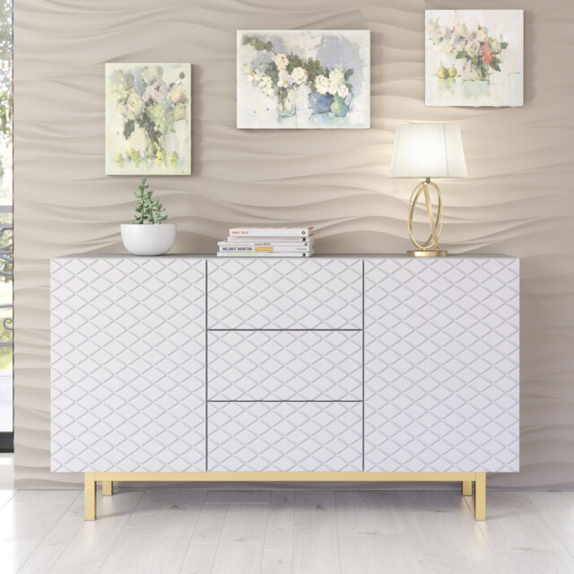 Modern Sideboard with Diamond Front and Gold Base 140cm â 3 Drawers & 2 Doors