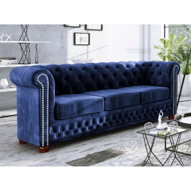 Chesterfield Sofa 3 Seater Made of Velvet Fabric with Solid Wood Legs